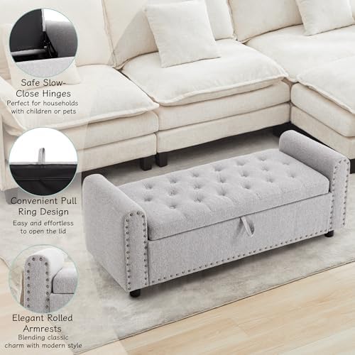 Ottoman with Storage, Tufted Storage Bench for Bedroom, 48" Fabrics End of Bed Bench, Upholstered Entryway Shoe Benches with Rolled Arm & Inner Zipper, Window Ottomans Chest with Rivets, Light Grey