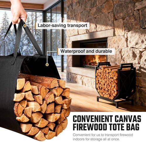 HIHADUUM Firewood Rack Outdoor Indoor - Firewood Holder with Canvas Log Carrier Heavy-Duty Sturdy Waterproof Wood Storage Firewood Organizer for Fireplace Decor