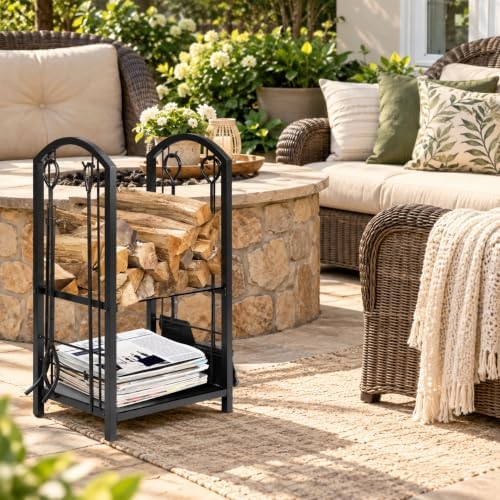 Tangkula 2-Tier Firewood Rack with 4 Fireplace Tools, 17.5''x12''x29.5''