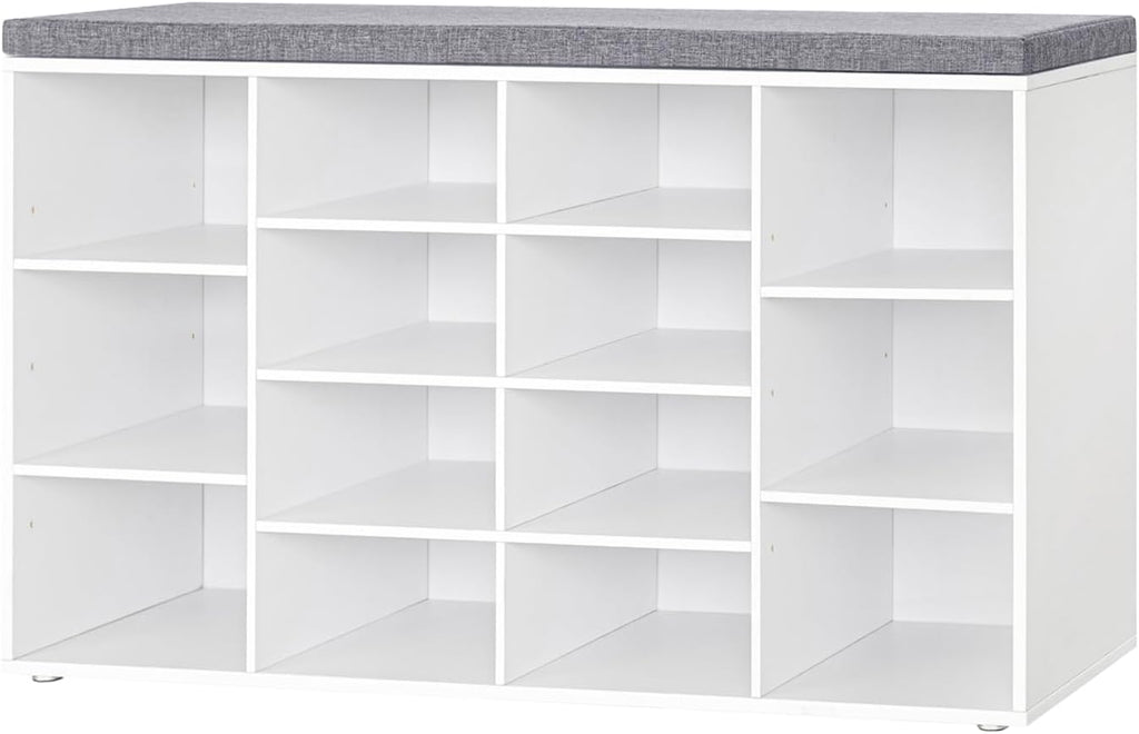 DINZI LVJ Shoe Storage Bench with Cushion, 14-Cubby Shoe Rack with Seat