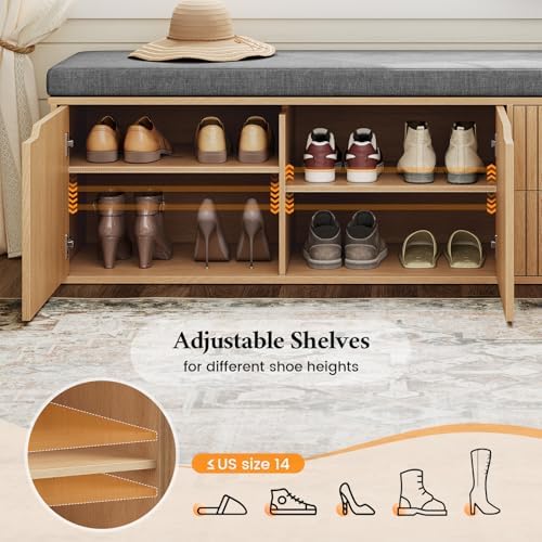 59" Storage Bench with Drawer, 2-Tier Shoe Bench with Storage, Long Entryway Bench, Thickened Cushion, Adjustable Shelf, Fluted Design for Entryway, Bedroom, Living Room, Natural