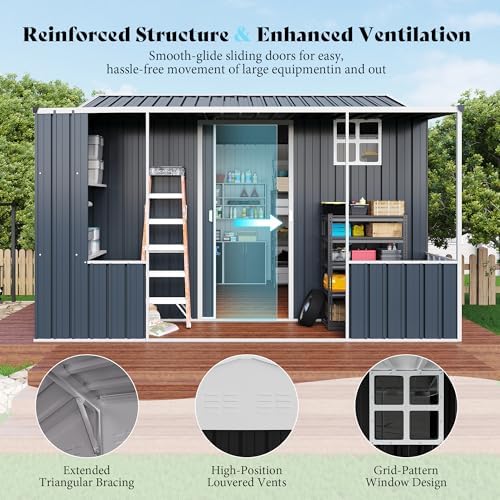 VanAcc 10x10.5x7 FT Dual-Zone Metal Storage Shed with Work Area