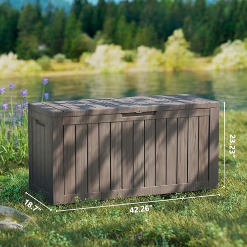 80 Gallon Deck Boxes Outdoor Waterproof, Outdoor Storage Box with Lockable Lid & UV-Resistant for Patio Furniture, Outdoor Cushions, Garden Tools and Pool Supplies, Light Brown