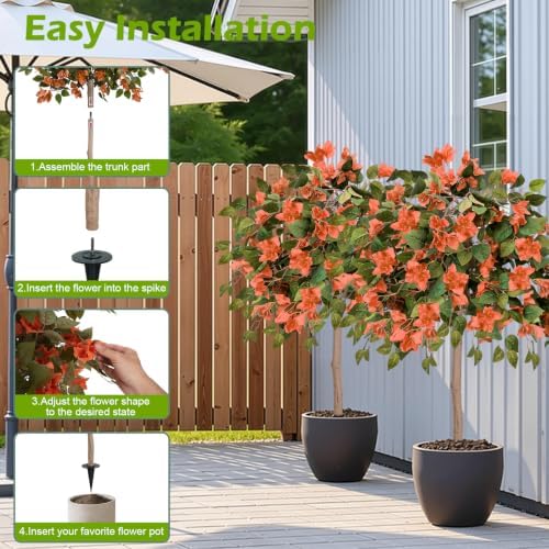 2PCS Fall Tree 4FT Artificial Bougainvillea Tree with Ground Spike UV Resistant Fake Orange Flower Topiary Plants for Outdoor Garden Patio Front Porch Autumn Thanksgiving Halloween Decor