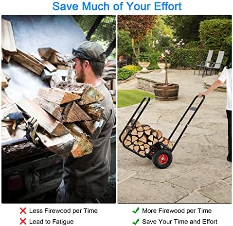 S AFSTAR Indoor Outdoor Firewood Cart, 3.6ft/44” Height Rolling Firewood Log Carrier w/All-Terrain & Shockproof Wheels, Heavy-Duty Steel Frame, Wood Storage Rack Mover, 220 lbs Weight Capacity
