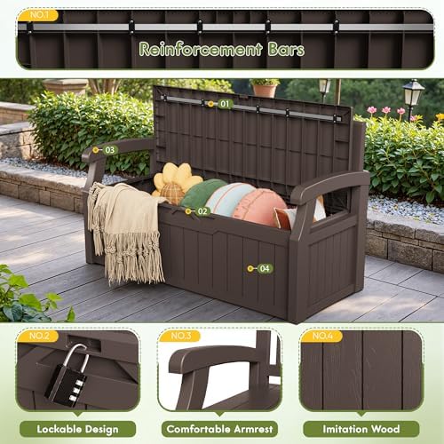 Greesum 80 Gallon Outdoor Storage Bench Deck Box with Cushion, Brown