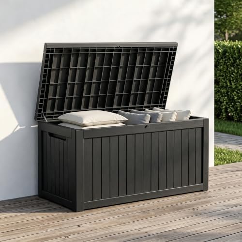 201 Gallon Large Resin Outdoor Storage Box, Waterproof Deck Box with Lockable Lid, Outside Storage Box for Patio Furniture, Pool Accessories, Garden Tools, Storage Bench for Backyard, Porch, Black