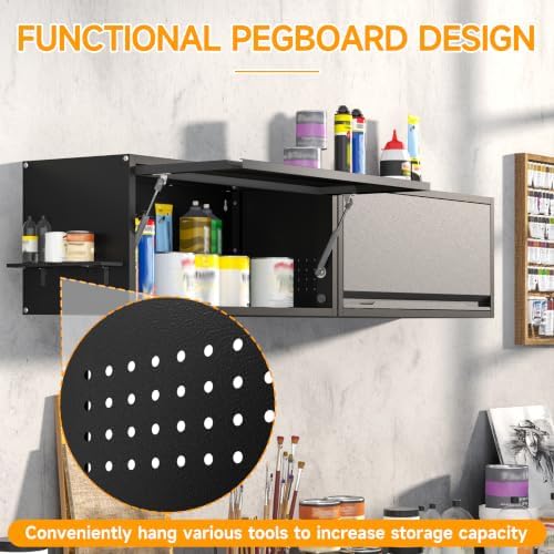Metal Garage Wall Cabinet with Doors Side with Holes,13.8"H 1 Door Small Wall Hanging Tool Chest Cabinet ,Garage Storage Cabinet for Garage, Basement, Kitchen, Warehouse,Office, Bathroom-Black Gray