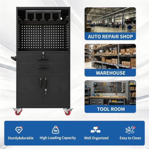 Mobile Tool Cart, Tool Chest with Locking Wheels, Charging Station