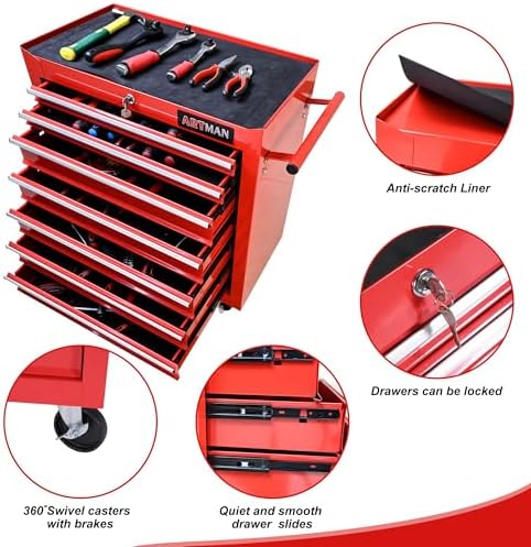7 Drawers Rolling Tool Cart on Wheels, Multifunctional Organizer Tool Chest Tool Case, Trolley Tool Storage Tool Box for Workshop,Garage,Repair Shop (7 Drawers 24.2" W×12.9" D×30.51" H-Red)