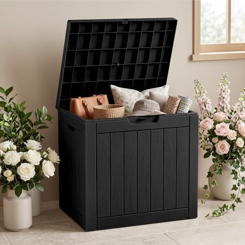 30 Gallon Outdoor Storage Box, Waterproof Resin Deck Box with Side Handles, Lockable Outdoor Bench for Indoor & Outdoor Use, Storage Bin for Patio Cushions, Garden Tools