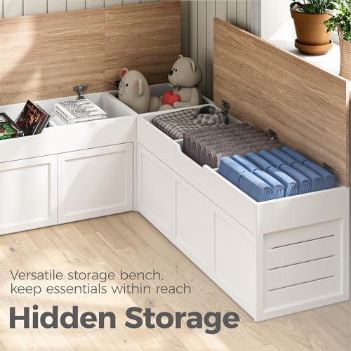 L-Shaped Corner Storage Bench with Cushion, Backless Wood Bench, Black