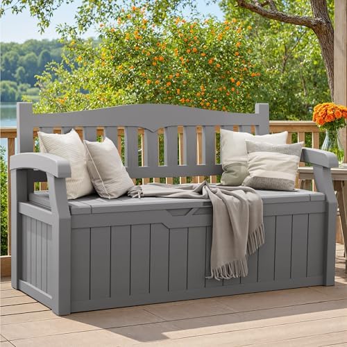 Greesum 80 Gallon Storage Bench Outdoor Deck Box with Armrest, Grey