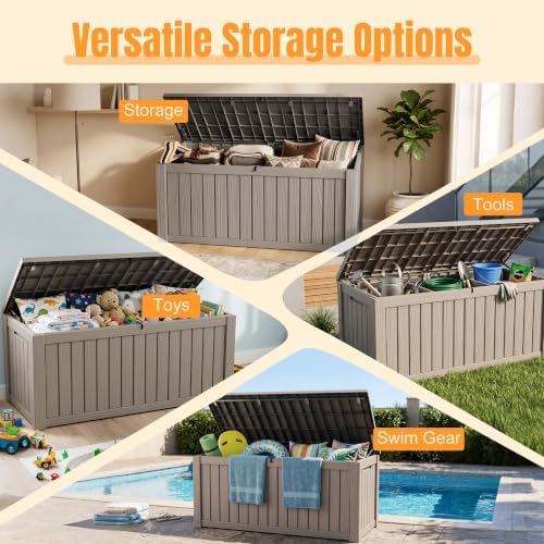Outdoor Storage Box, 240 Gal Waterproof Resin Deck Box w/Support Rod