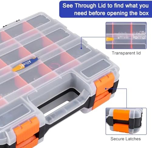 Small Parts Organizer Double Sided Parts Organizer with Removable Dividers 34-Compartments Storage Bins for Hardware, Screws, Nuts, Bolts, Washers, Nails, Fasteners, Tools