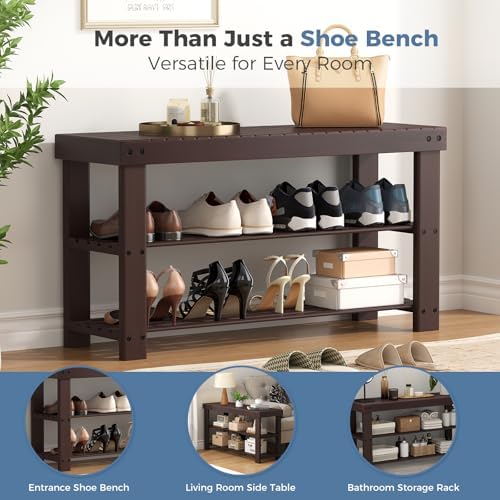 DUMOS Wooden Shoe Rack Bench, 3-Tier Bamboo Entryway Benches with Storage, Holds Up to 286 lb Storage Organizer, Suitable for Bedroom Living Room Balcony, 11.3 x 35.43 x 17.8 Inches, Brown