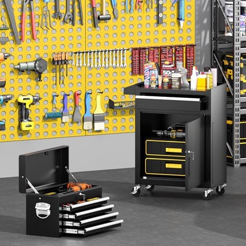 Greenvelly Rolling Tool Chest, 5-Drawer Metal Tool Chest with Wheels, 2 in 1 Detachable Tool Cabinets, Metal Tool Cart with Liner & Hooks for Garage, Workshop, Warehouse (Black)