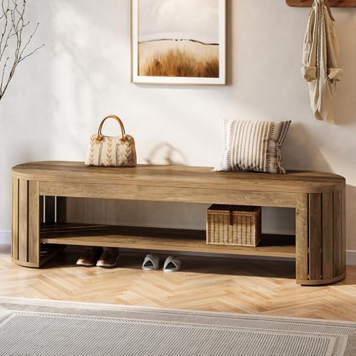 Tribesigns 63" Wooden Entryway Bench with Shoe Storage, Long 2-Tier Narrow Shoe Bench with Arc Vertical Slat Splicing Legs, End of Bed Stool for Bedroom, Entrance, Living Room (Brown)