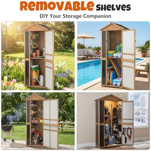 4-Tier Metal & Wood Outdoor Storage Cabinet with Reinforced Frame, Weatherproof Asphalt Roof, Adjustable Shelves, Lockable Doors for Patio, Garden, Garage Organization