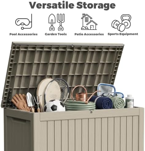 270 Gallon Outdoor Storage Box Waterproof, Lockable Resin Deck Box Large Storage Bin for Patio Furniture Cushion, Garden Tools, Pool Accessories, UV-Resistant Outside Delivery, Gray