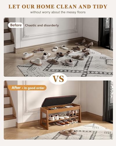 Shoe Rack Bench with Hidden Storage, 2‑Tier Solid Rubberwood Entryway Bench
