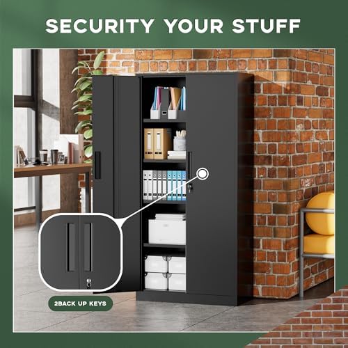 Greenvelly Metal Cabinet, 72” Black Tool Steel Locking Cabinet with Doors and 4 Shelves, Tall Cabinets for Garage Storage Systems Lockable File Cabinet for Home Office, Classroom/Pantry