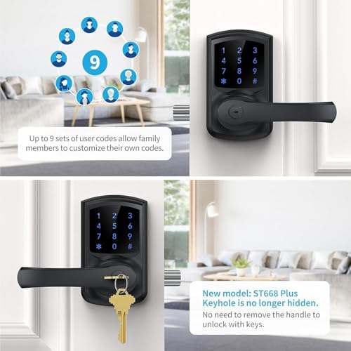 Signstek Keyless Entry Door Lock with Handle, Digital Keypad Door Knob, Smart Electronic Lock with Code, Touchscreen, Auto-Locking, Matte Black