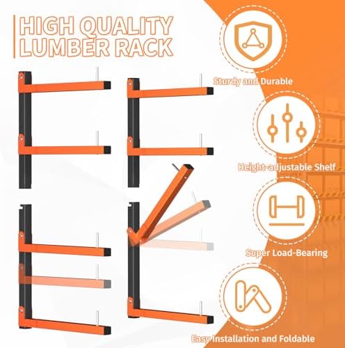 2 Pack Lumber Storage Rack, Wall Mount Foldable & Adjustable Lumber Rack with 4-Level Holds Up 520 Lbs, Heavy Duty Metal Garage Wood Rack for Workshop, Basement, Indoor and Outdoor