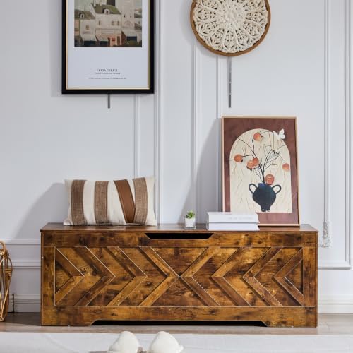 55.1” Storage Bench, Extra Large Entryway Bench with Storage,Storage Chest with 2 Safety Hinges,Blanket Storage,Shoe Storage Chest for Bedroom,Living Room,Easy Assembly. (Rustic Brown)
