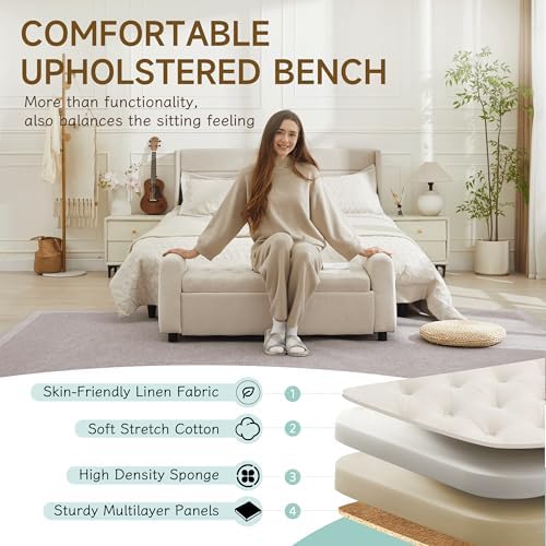 Ottoman with Storage, Tufted Storage Bench for Bedroom, 48" Fabrics End of Bed Bench, Upholstered Entryway Shoe Benches with Rolled Arm & Inner Zipper, Window Ottomans Chest without Rivets, Beige