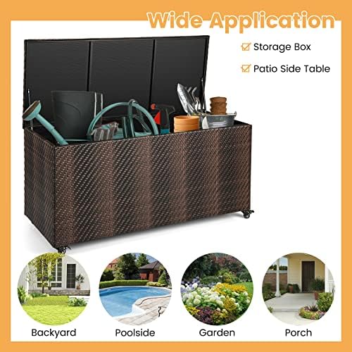 GIANTEX 96-Gallon Outdoor Storage Box - PE Wicker Deck Box with Lid, 4 Wheels, Waterproof Liner, outside Rattan Storage Container for Patio Cushions, Garden Tools Accessories Storage Box (Mix Brown)