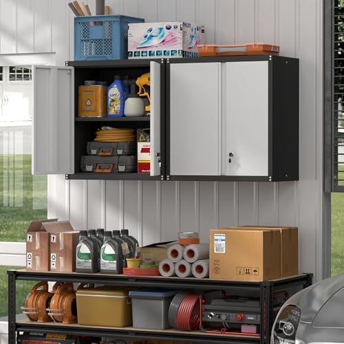 Steel Wall Cabinet, Heavy Duty Hanging Garage Storage Cabinet with Adjustable Shelf & Locking Doors, Wall Mounted Metal Garage Cabinet for Workshop, Utility Room, Shed, Black/Grey