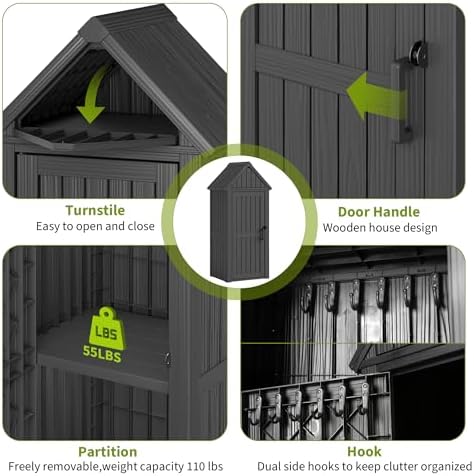 Outdoor Storage Shed, Waterproof Storage Cabinet with Ample Space, Sturdy Resin with Lockable Door and Sloping Roof, Multiple Hooks for Backyard, Garden, Patio & Lawn, Black