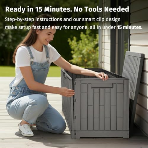 EAST OAK Outdoor Storage Box, 60 Gallon Deck Box Indoor and Outdoor Use, Waterproof Resin Storage Bin for Patio Cushions, Gardening Tools, Lockable, UV Resistant, Ash Grey