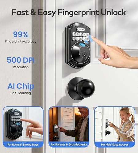 TEEHO TE012W-K WiFi Smart Keyless Entry Door Lock with Knob, Matte Black