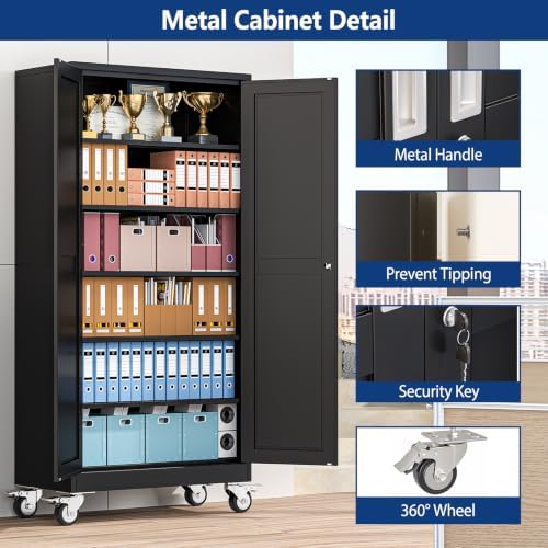 Ckzbx Metal Large Garage Storage Cabinet with Locking Doors and Adjustable Shelves,73.6" H Rolling Tool Storage with Wheels for Garage,Office (Black)