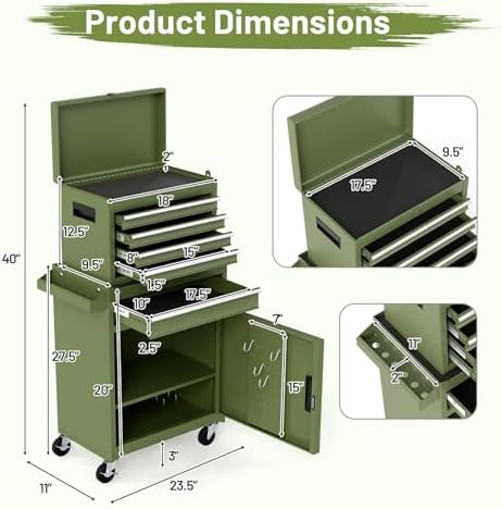 DREAMADE 5-Drawer Tool Chest Combo, Rolling Tool Cabinet w/Detachable Top Tool Box, Adjustable Shelves, Lockable Wheels, Metal Tool Box for Garage, Workshop, Repair Shop Storage (Olive Green)