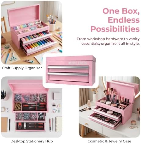 KITLUCK Mini Metal Tool Box, 2-Drawer Top Chest with Ball Bearing Slides, PVC Liners, Durable Cold Rolled Steel Small Tool Organizer for DIY Home Office Multi-Purpose Storage,Pink