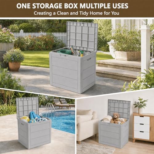 35 Gallon Outdoor Storage Box Waterproof, Deck Boxes Outdoor, Grey