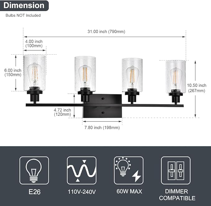 WINSHEN Black 4-Light Bathroom Light Fixtures