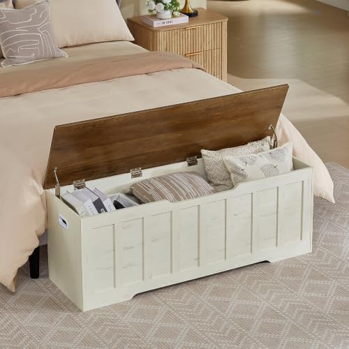 VANKILEY 51.2" Storage Chest Extra Large,Wooden Storage Bench,White+Brown