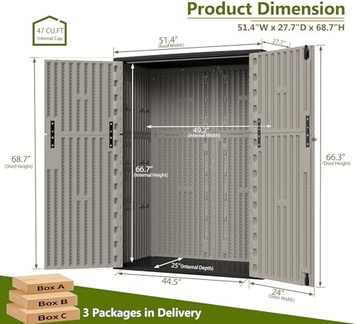 ZZM 57 Cu.ft Outdoor Storage Shed HDPE Storage Cabinet, Double-Wall Resin Sheds with Floor Vertical Lockable Sheds Garden Tools Trash Can, Lawn Mower, Bike Storage, Waterproof, Brown