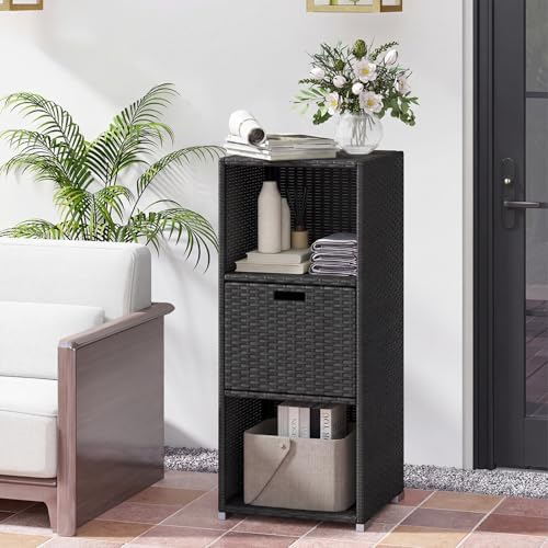 HAPPYGRILL Outdoor Storage Cabinet PE Rattan Wicker Storage Shed Organizer with Shelves Drawer, for Patio Porch, Garden, Backyard and Poolside (Black)