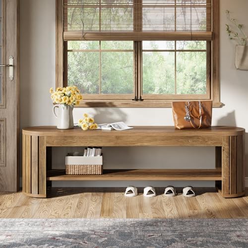 Tribesigns 63" Wooden Entryway Bench with Shoe Storage, Long 2-Tier Narrow Shoe Bench with Arc Vertical Slat Splicing Legs, End of Bed Stool for Bedroom, Entrance, Living Room (Brown)