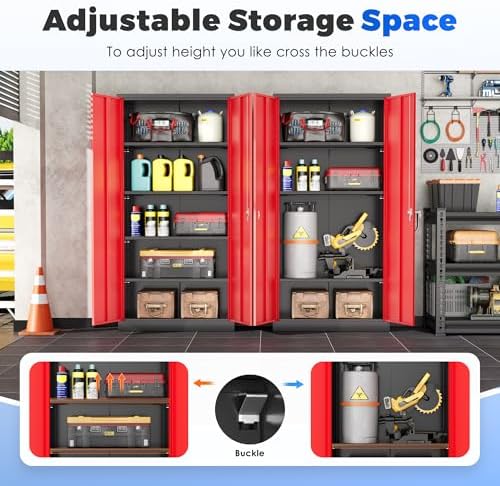 INTERGREAT Metal Garage Storage Cabinet with Lock, 72" Storage Cabinet with Locking Doors and 4 Adjustable Shelves, Lockable Steel Tool Cabinet for Home Office, School, Black Red