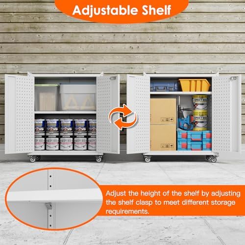 Aobabo 31.5" H Metal Rolling Storage Cabinet, Locking Steel Storage Cabinet on Wheels with Pegboards and 4 Hooks, for Office, School, Home, Library, White, Assembly Required