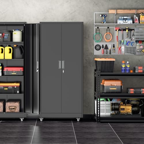 INTERGREAT Metal Storage Cabinet with Wheels, 72" Garage Storage Cabinets with Door and 4 Shelves, Tool Storage Locker on Caster for Home, Office, Black
