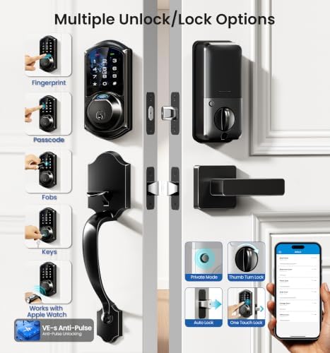 Veise VE07-H Fingerprint Smart Lock for Front Door Handle Set, Matte Black