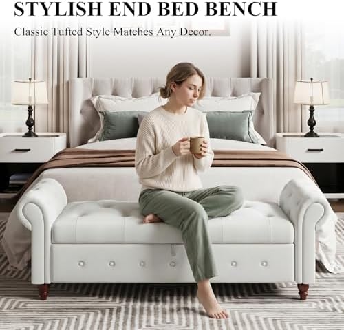 NIOIIKIT 63'' Storage Ottoman Bench, Tufted Entryway Bench White Polyester