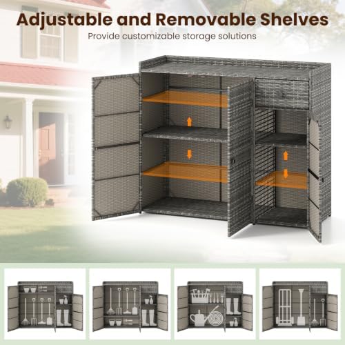 Tangkula Rattan Outdoor Storage Cabinet with 2 Adjustable Shelves